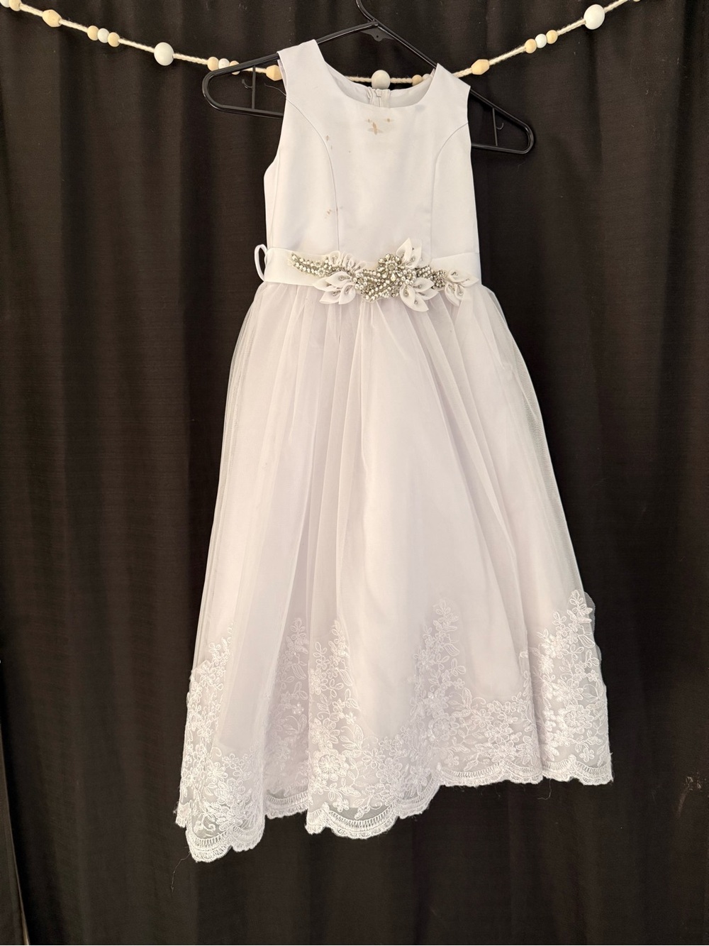 Girls White Beaded Tulle Formal Dress with Floral Appliqué